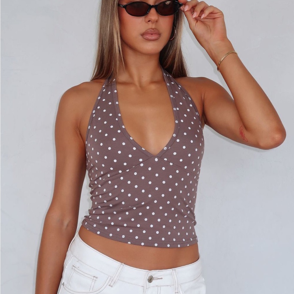 Brown and White Polka Dot Halter Top